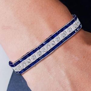 Milgrain Emerald Cut Blue Sapphire Tennis Bracelets For Women  