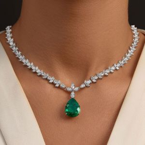 Cluster Design Pear Cut Emerald Sapphire Wedding Necklace For Women 