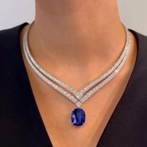 Double Row Cushion Cut Blue Sapphire Wedding Necklace Women's Jewelry 