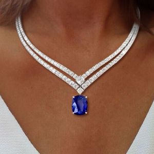 Double Row Cushion Cut Blue Sapphire Wedding Necklace Bridal Jewelry For Women 