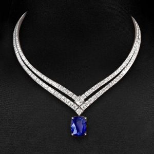 Double Row Cushion Cut Blue Sapphire Wedding Necklace Bridal Jewelry For Women 