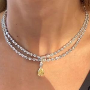 Double Row Two Tone Pear Cut Yellow Sapphire Wedding Necklace For Women