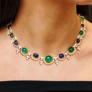 Oval Cut Emerald & Blue Sapphire Wedding Necklace For Women 