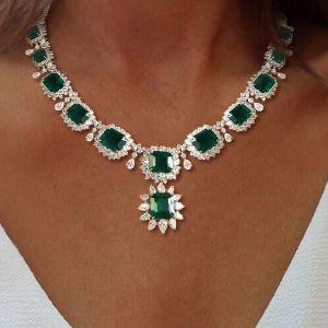 Two Tone Halo Asscher Cut Emerald Sapphire Wedding Necklace For Women
