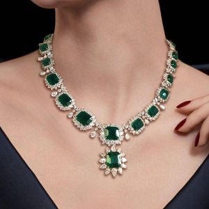 Next Necklace Two Tone Halo Asscher Cut Emerald Sapphire Wedding Necklace For Women
