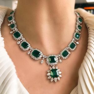 Next Necklace Two Tone Halo Asscher Cut Emerald Sapphire Wedding Necklace For Women