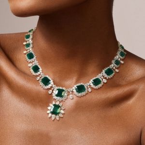 Two Tone Halo Asscher Cut Emerald Sapphire Wedding Necklace For Women