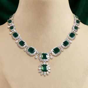 Two Tone Halo Asscher Cut Emerald Sapphire Wedding Necklace For Women
