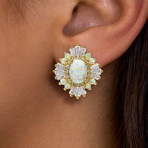 Art Deco Golden Oval Cut Opal Stud Earrings Women's Jewelry 