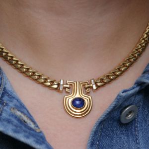 Vintage Golden Oval Cut Blue Sapphire Cabochon Necklace For Women