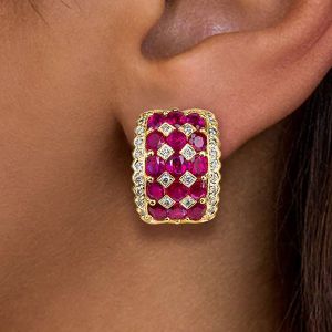 Golden Oval Cut Ruby Sapphire Hoop Earrings Women's Jewelry