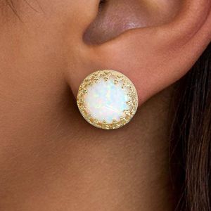 Golden Round Cut Opal Stud Earrings For Women