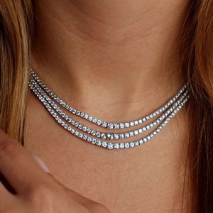 Triple Row Round Cut White Sapphire Multi Strand Tennis Wedding Necklace For Women