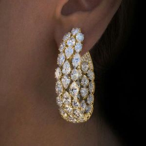 Three Row Golden Pear Cut White Sapphire Hoop Earrings For Women 