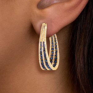 Golden Multi Row Round Cut Blue Sapphire Hoop Earrings For Women