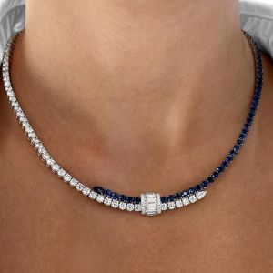 Two Tone Round Cut Blue Sapphire Tennis Necklace For Women