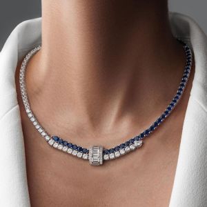Two Tone Round Cut Blue Sapphire Tennis Necklace For Women