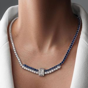 Two Tone Round Cut Blue Sapphire Tennis Necklace For Women