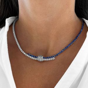 Two Tone Round Cut Blue Sapphire Tennis Necklace For Women