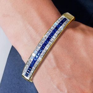 Golden Princess Cut Blue Sapphire Bangle Bracelet For Women