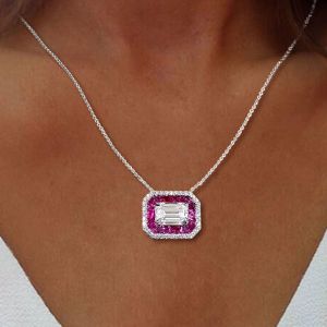 Double Halo Emerald Cut Ruby Sapphire Pendant Wedding Necklace For Women