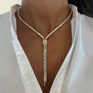Golden Baguette Cut White Sapphire Lariat Necklace For Women