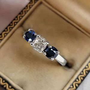 Three Stone Cushion Cut White & Blue Sapphire Wedding Band For Women