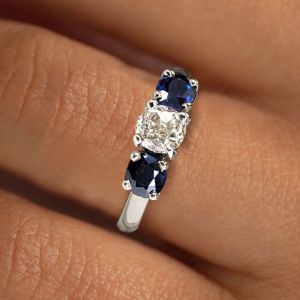 Three Stone Cushion Cut White & Blue Sapphire Wedding Band For Women