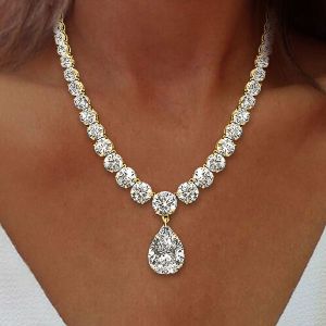Golden Pear & Round Cut White Sapphire Pendant Necklace For Women
