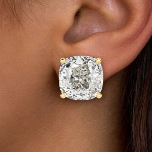 Golden Cushion Cut White Sapphire Stud Earrings For Women