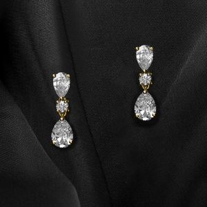 Golden Pear Cut White Sapphire Drop Earrings For Women