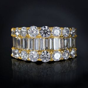 Golden Triple Row Baguette Cut White Sapphire Wedding Band For Women
