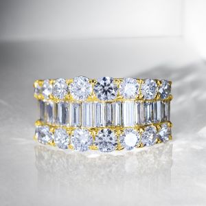 Golden Triple Row Baguette Cut White Sapphire Wedding Band For Women