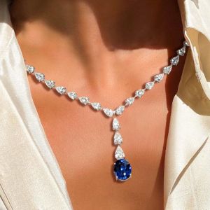 Oval Cut Blue Sapphire Lariat Wedding Necklace For Women