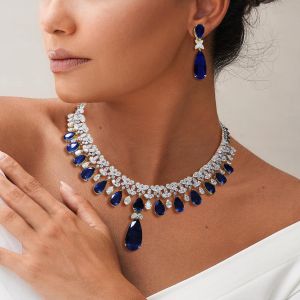 Pear Cut Blue Sapphire Necklace & Earrings Set For Women