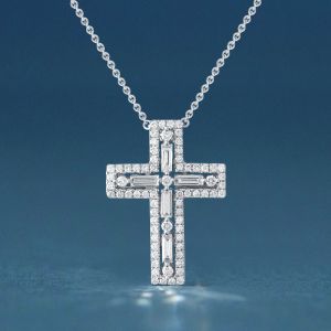 Round Cut White Sapphire Cross Pendant Wedding Necklace For Women 