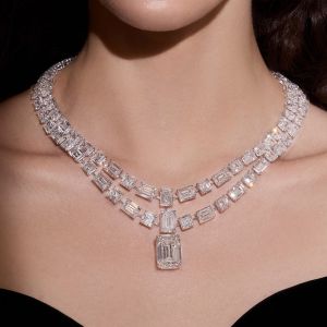 Double Row Emerald Cut White Sapphire Jewelry Wedding Necklace For Women
