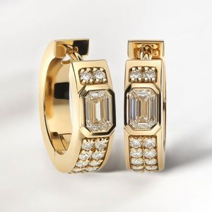 Golden Emerald Cut White Sapphire Hoop Earrings Bridal Jewelry For Women