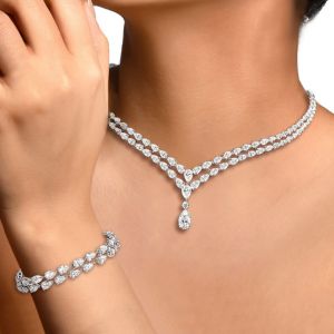 Pear Cut White Sapphire Necklace & Bracelet Set For Women