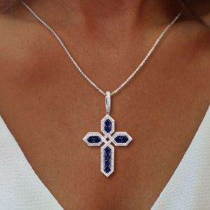 Milgrain Two Tone Oval Cut Blue Sapphire Cross Wedding Necklace For Women 