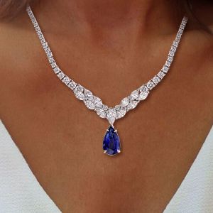 Pear Cut Blue Sapphire Wedding Necklace For Women 