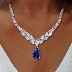 Pear Cut Blue Sapphire Wedding Necklace For Women 