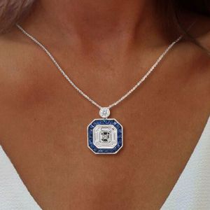 Asscher Cut Blue Sapphire Pendant Necklace For Women  