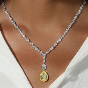 Halo Pear Cut Yellow Sapphire Wedding Necklace For Women