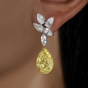 Halo Two Tone Pear Cut Yellow Sapphire Drop Earrings For Women