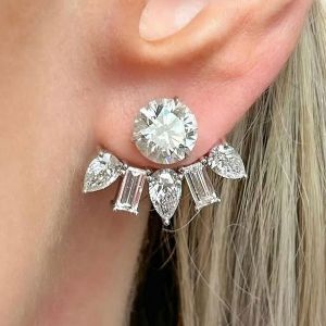Round Cut White Sapphire Drop Earrings Ear Jacket Earrings For Women