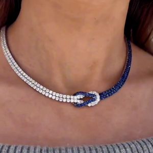 Two Tone Round Cut Blue Sapphire Wedding Necklace For Women
