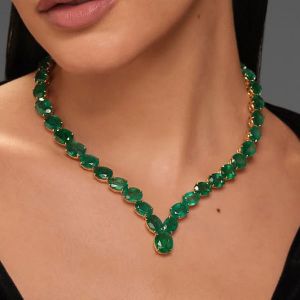 Chevron-V Oval Cut Emerald Sapphire Wedding Necklace For Women