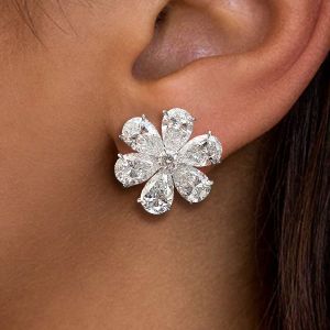 Flower Pear Cut White Sapphire Stud Earrings For Women