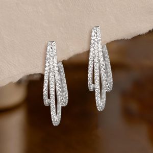 Three Row Round Cut White Sapphire Hoop Earrings For Women